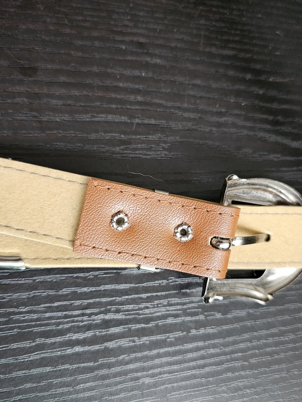Vintage 90s Tan Leather Look Belt Silver Art Deco Western Buckle